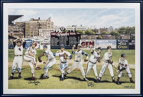 300 Win Club Multi Signed Litho by Artist Anthony Brunelli With 8 Signatures Including Spahn, Seaver & Ryan in 37x25 Framed Display (AP 2/100) (Beckett)
